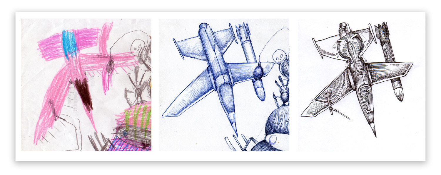 Childhood-Drawing, Interpretation, Re-Interpretation; crayon, ballpoint, tusche/collage; 1993, 2009, 2010