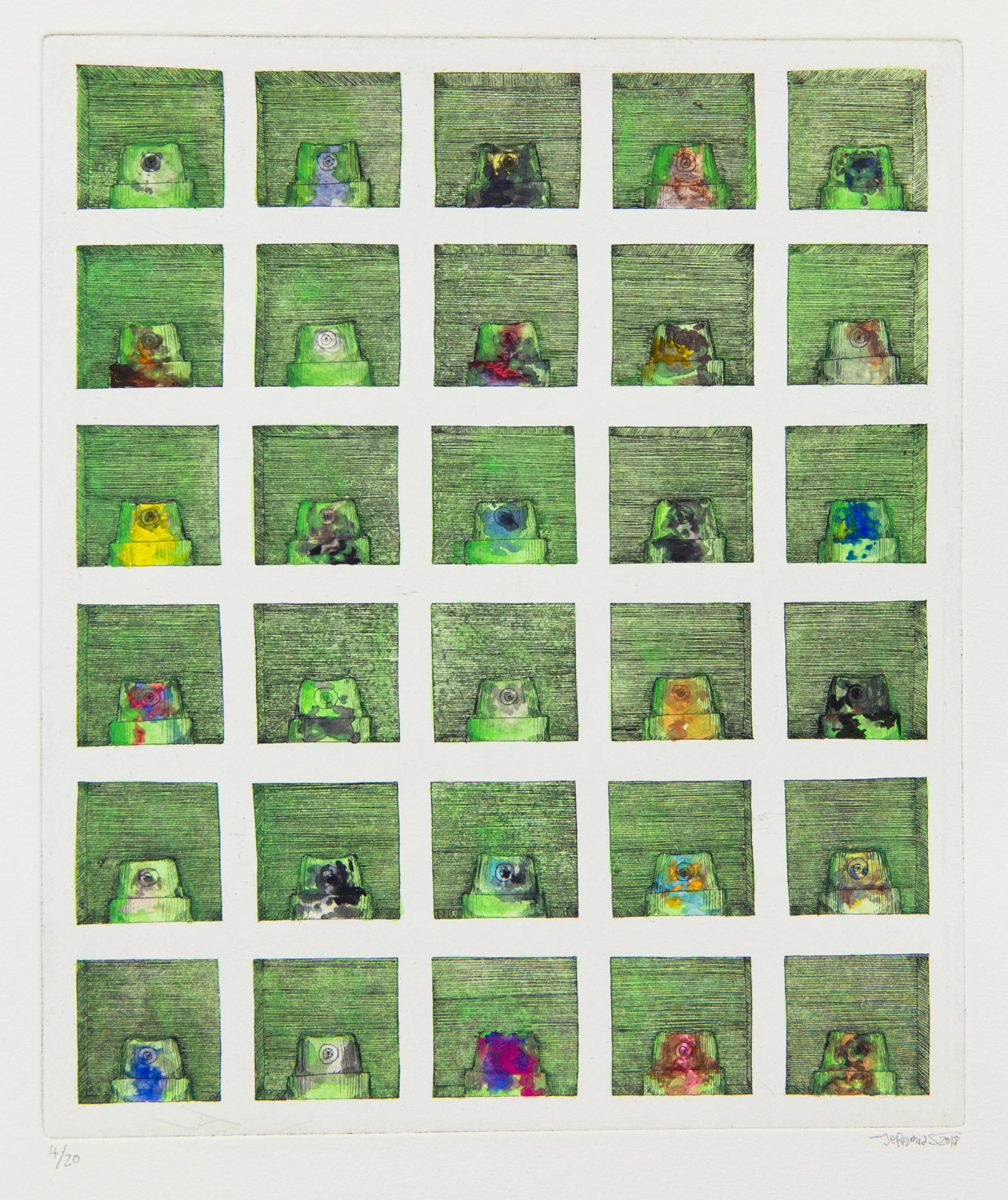 Nozzlebox 2D; Etching on Chest; plate size 26 x 31 cm, paper size 39 x 52 cm; edition 20; each page hand-coloured; 2018
