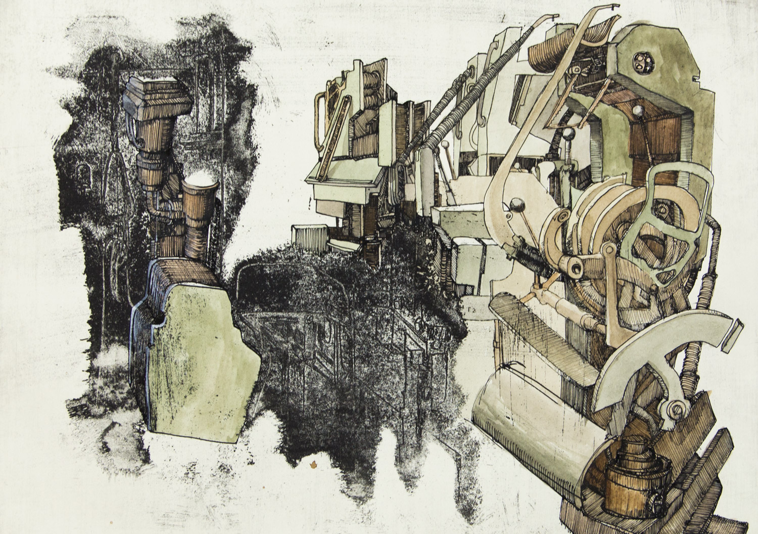 From the series: MACHINES 019; 41,5 cm x 29,5 cm; ink and watercolour on etching; 2019