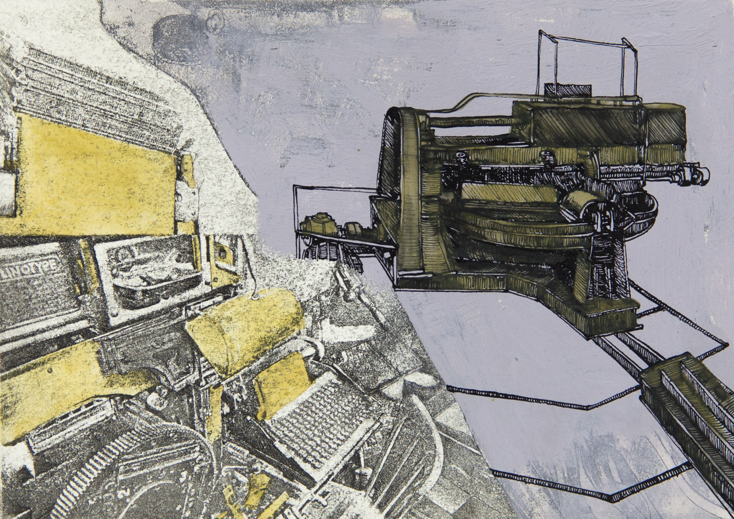 From the series: MACHINES 019; 20,5 cm x 14,5 cm; ink and watercolour on etching; 2019
