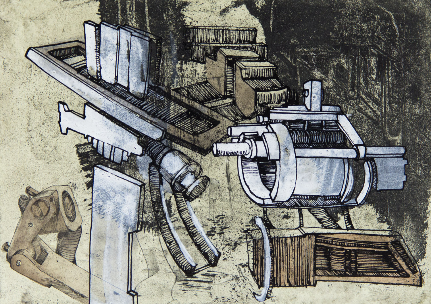 From the series: MACHINES 019; 20,5 cm x 14,5 cm; ink and watercolour on etching; 2019