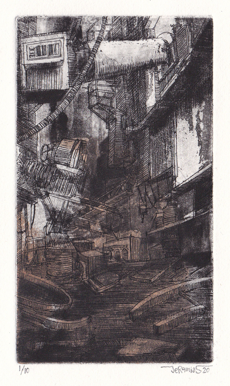 From the series: MACHINES 020; 8 x 14 cm; etching; 2020