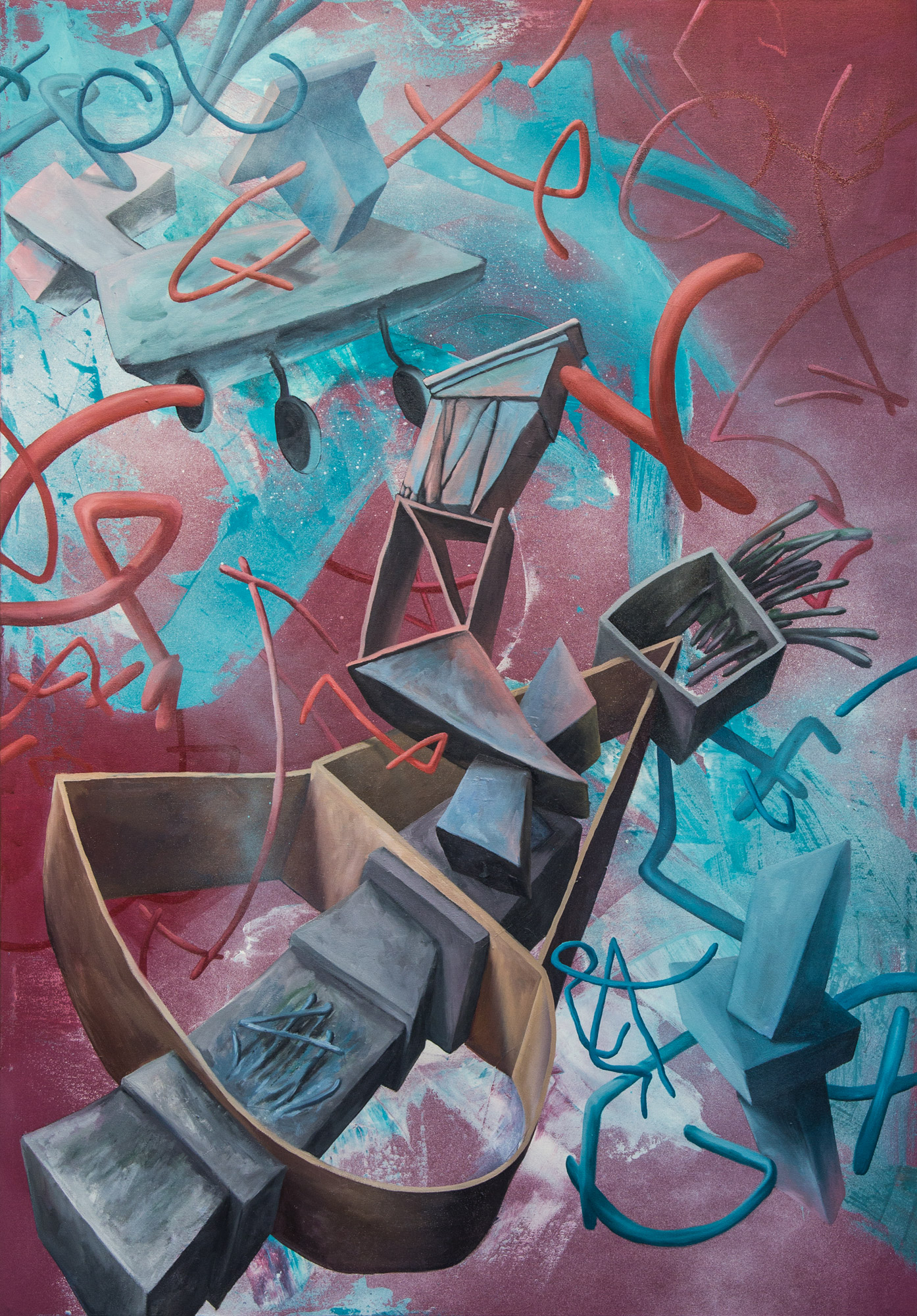 Overlapping Evidence; 90 x 130 cm; acrylics and oil on canvas; 2022